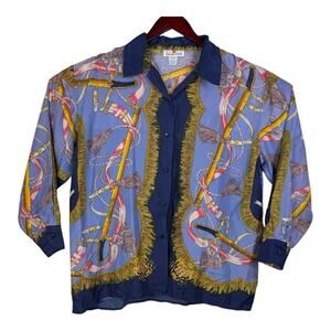 Vintage Stunt Collections Blouse 100% Silk Blue Tassel Ribbon Print Large 80s